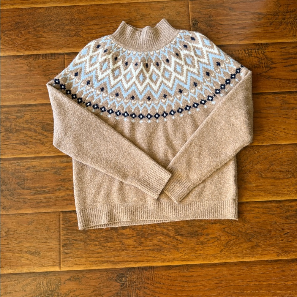 J. Crew Beige and Blue Patterned Turtleneck Sweater